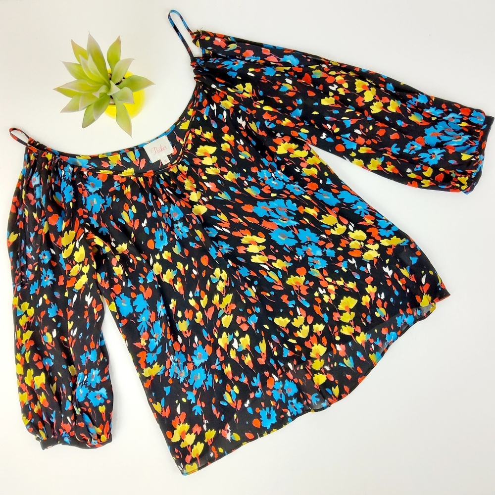 Parker Black Cold Shoulder Floral Silk Top Size Medium